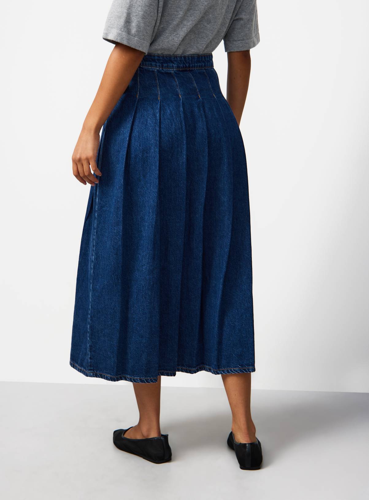 Dark Denim Pleated Tab Detail Midi Kilt Skirt 16 - Image 5